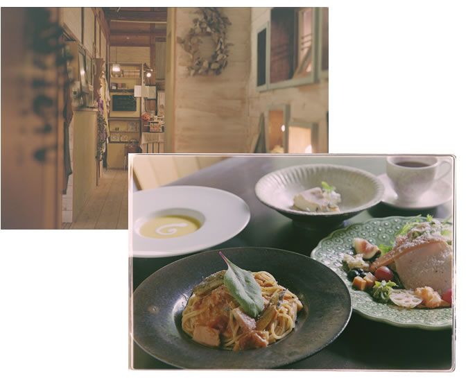 ピンクス・マルシェの店内とランチの写真