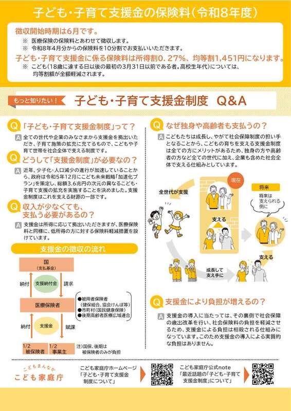 子ども・子育て支援金制度についてのリーフレット。詳細は本文をご確認ください。