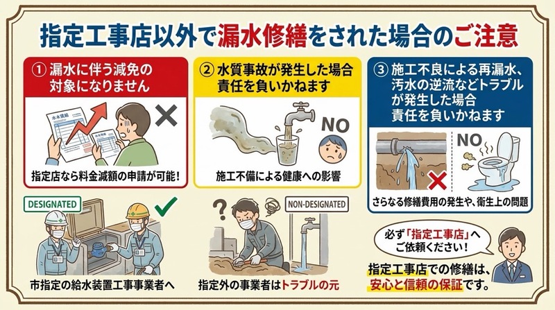 指定工事店以外で修繕を行うと減免の対象にならず、様々なトラブルが発生しても責任を負いかねます